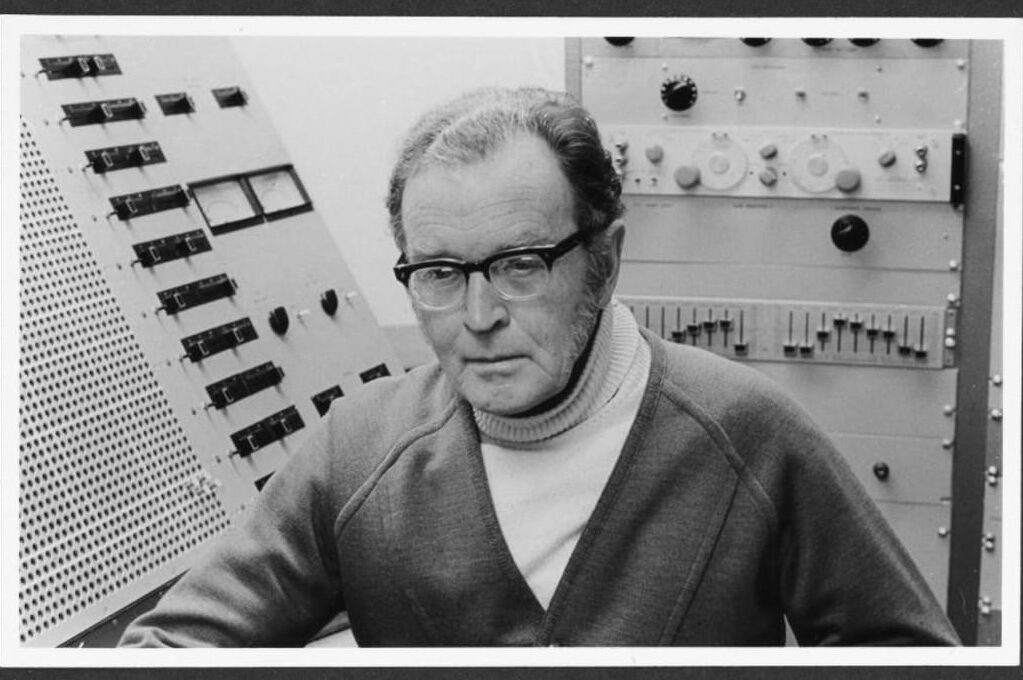 Picture: Douglas Lilburn, inside the electronic music studio, Victoria University, Wellington, circa 1975. Photo: Mervyn Desmond King. Alexander Turnbull Library.