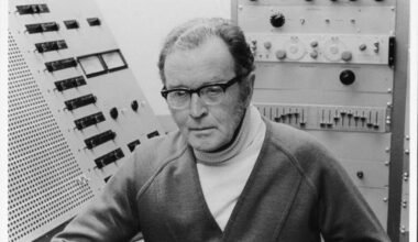 Picture: Douglas Lilburn, inside the electronic music studio, Victoria University, Wellington, circa 1975. Photo: Mervyn Desmond King. Alexander Turnbull Library.